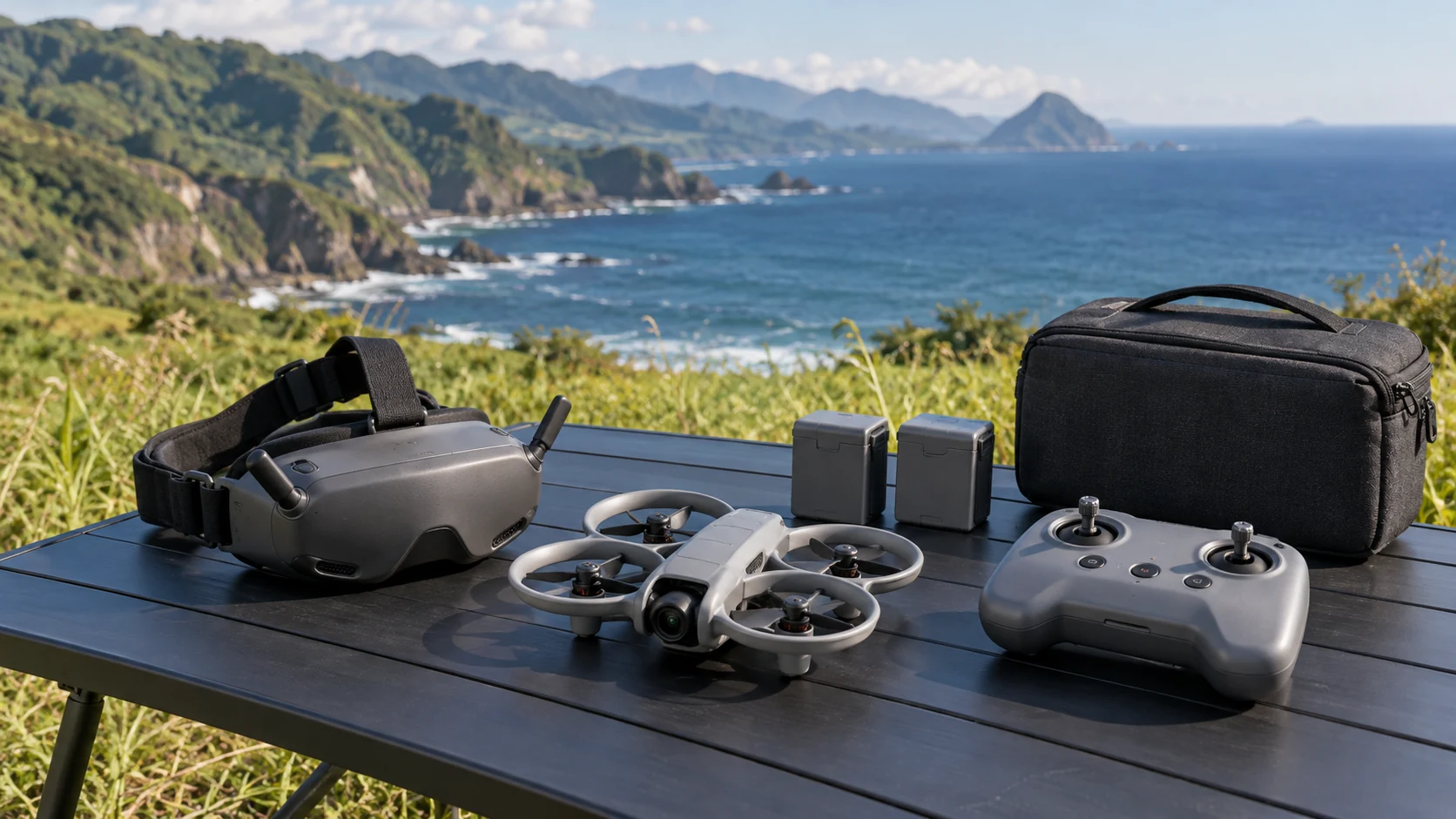 FPV用の機体・ゴーグル・送信機を並べたイメージ(AI生成。実際の製品やセット構成を示す写真ではありません)