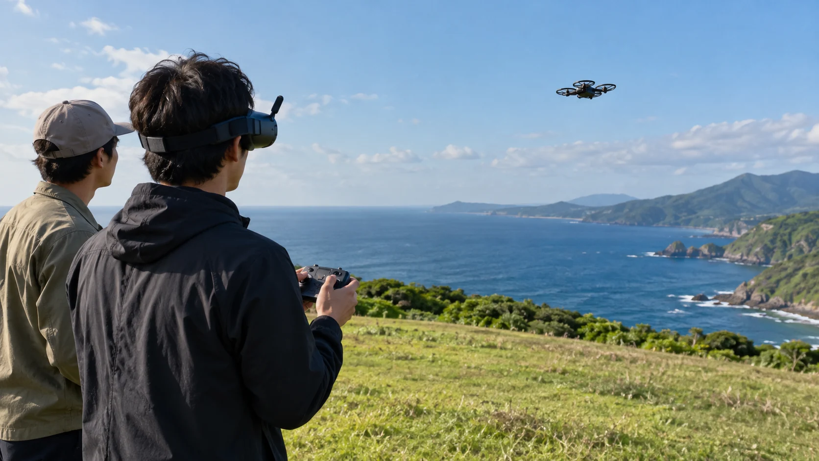 海の見える草地でゴーグルをつけてFPVドローンを操縦するイメージ(AI生成)