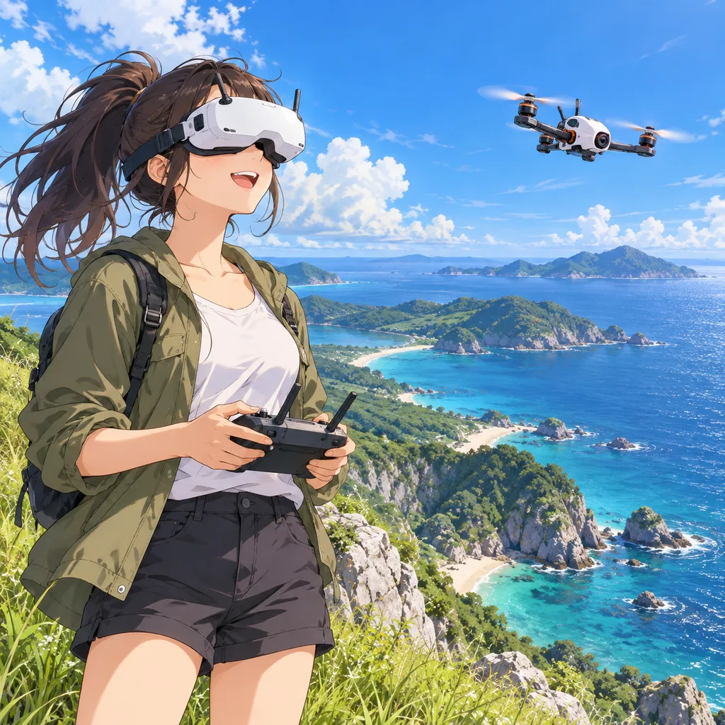 海の見える草地でゴーグルをつけてFPVドローンを操縦するイメージ（AI生成）